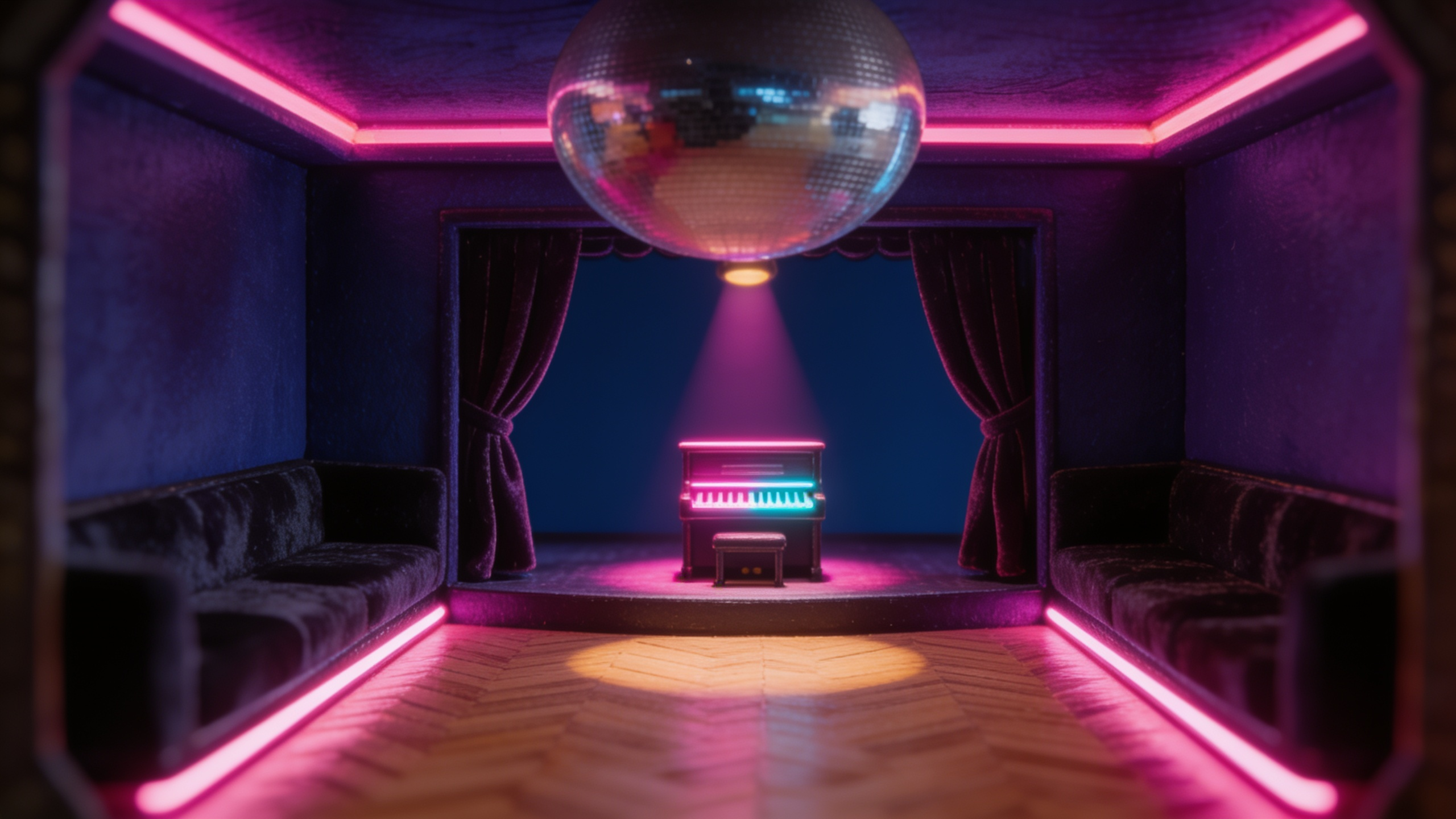 The club lounge: candy-neon piano on a small curtained stage under the disco ball